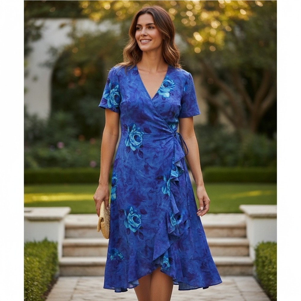 Vintage Wrap Dress Women 12 Blue Silk Floral Ruffle‎ Midi Wedding Guest Flutter